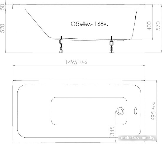 Фото Ванна Triton Ультра 150x70 (с ножками, экраном и сифоном)