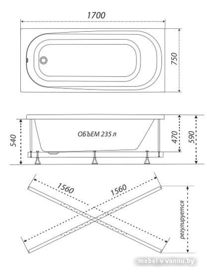 Фото Ванна Triton Дина 170x75 (с каркасом, сифоном, экраном и торцевым экраном)