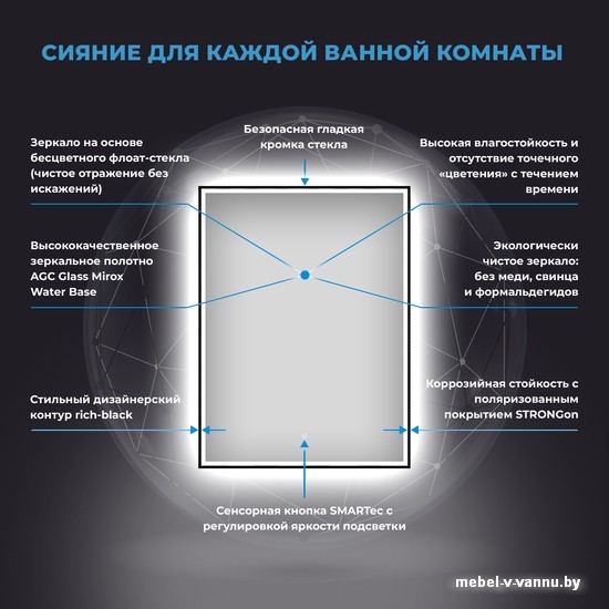 Wellsee Зеркало с фронтальной LED-подсветкой 7 Rays' Spectrum 172201120, 40 х 65 см (с сенсором и регулировкой яркости освещения)