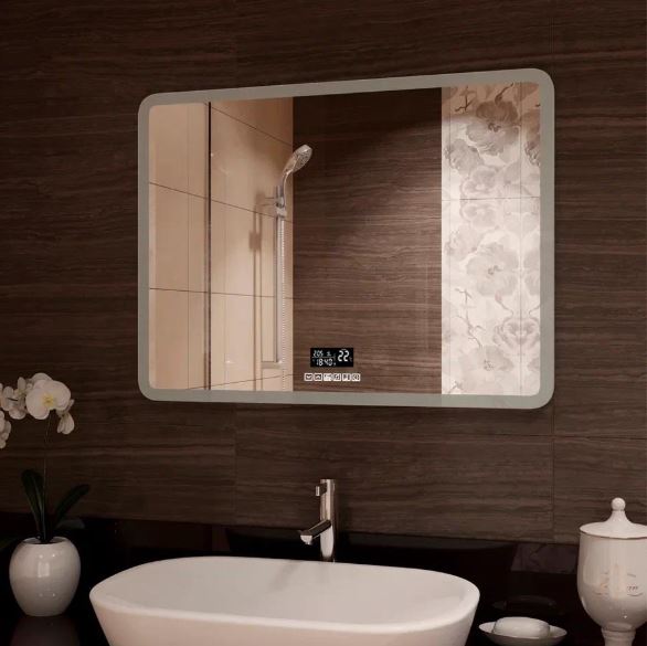 Фото Континент Зеркало Demure Led 120x80 (с часами и подогревом)
