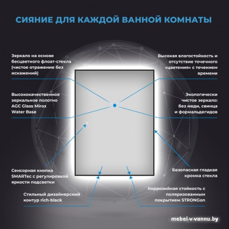 Wellsee , Зеркало с фоновой LED-подсветкой 7 Rays' Spectrum 172201040, 70 х 120 см (с сенсором и регулировкой яркости освещения)