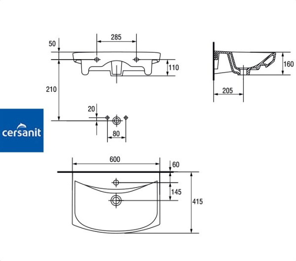 CARINA 60 Cersanit. Умывальник мебельный к тумбе (UM-CAR60/1)