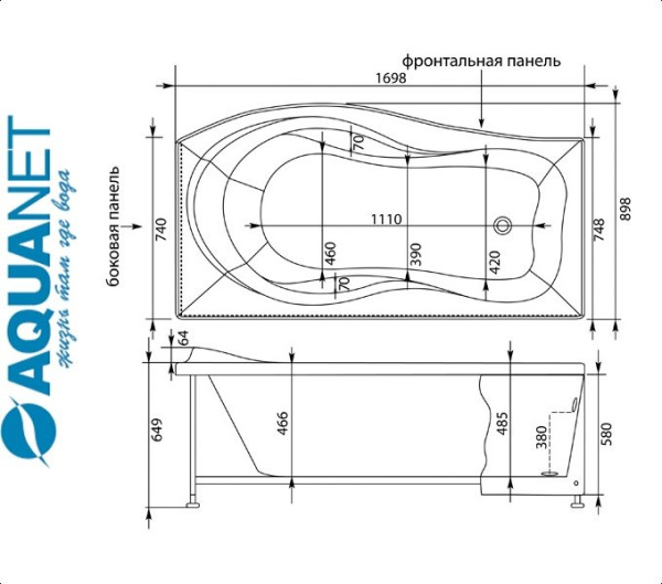 Ванна асимметричная Акванет BORNEO 170