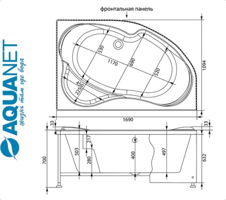 Ванна асимметричная Акванет CAPRI 170 Фото