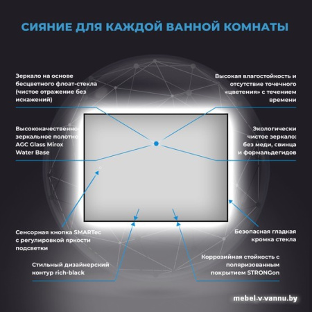 Wellsee Зеркало с фоновой LED-подсветкой 7 Rays' Spectrum 172200910, 70 х 55 см (с сенсором и регулировкой яркости освещения)