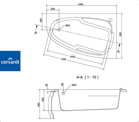 Ванна ассиметричная Церсанит JOANNA 140x90