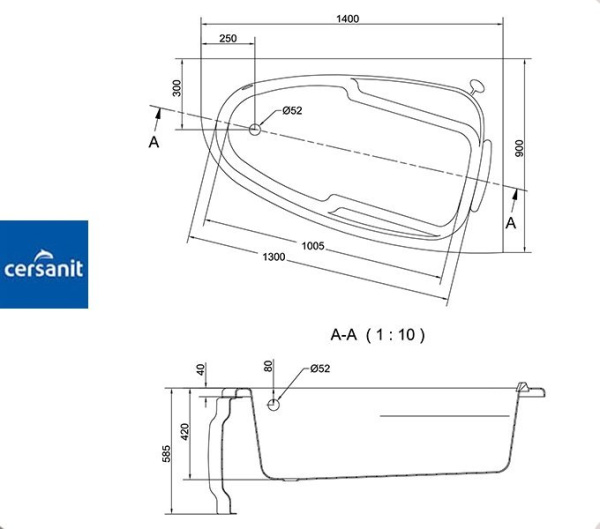 Ванна ассиметричная Церсанит JOANNA 140x90