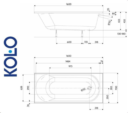 Ванна прямоугольная Kolo OPAL PLUS 160x70