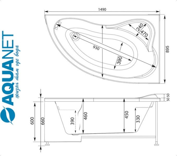 Ванна асимметричная Акванет ATLANTA 150