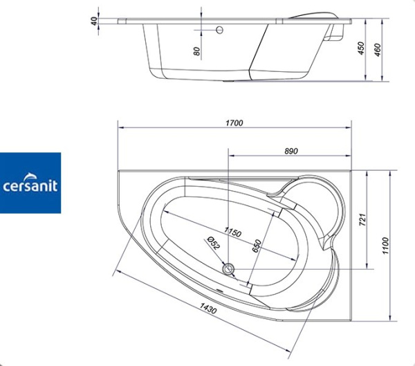 Ванна ассиметричная Церсанит KALIOPE 170x110