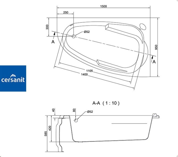 Ванна ассиметричная Церсанит JOANNA 150x95