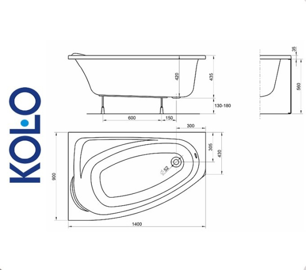 Фото Ванна асимметричная Kolo MYSTERY 140x90